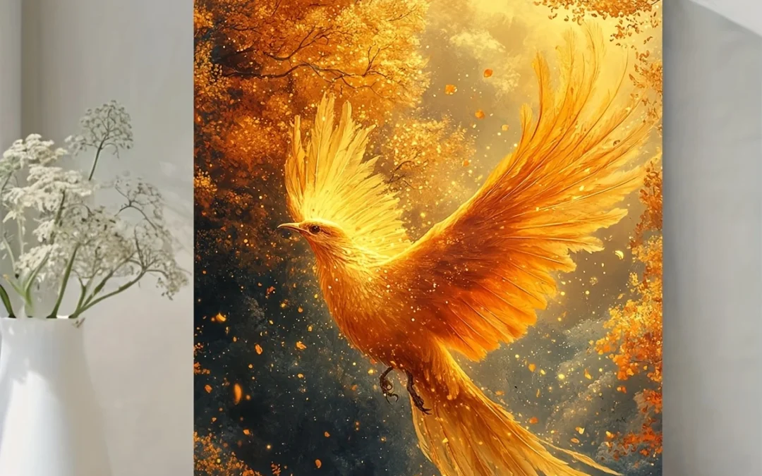 Mystical Phoenix Vibrant Golden Autumn Leaves & Sparkling Particles Wall Art Canvas Framed 40×60