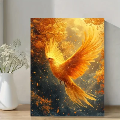 Mystical Phoenix Vibrant Golden Autumn Leaves & Sparkling Particles Wall Art Canvas Framed 40x60