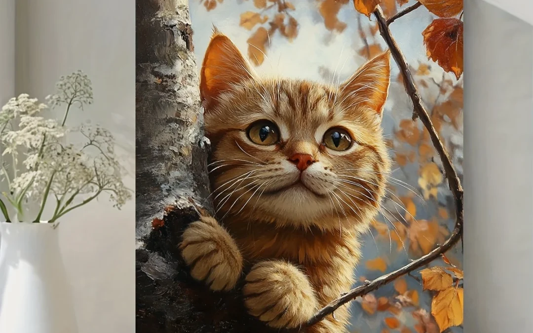 Vintage Cat on Tree Oil Painting  Wall Art Canvas Framed 40×60