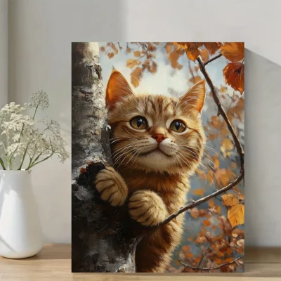Vintage Cat on Tree Oil Painting  Wall Art Canvas Framed 40x60