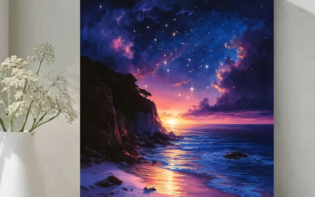 Vaporwave Synthwave Starry Night Over Calm Beach Wall Art Canvas Framed 40×60