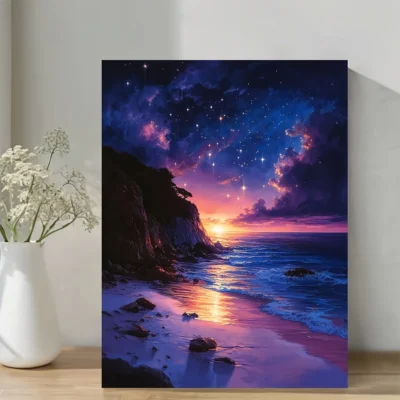 Vaporwave Synthwave Starry Night Over Calm Beach Wall Art Canvas Framed 40x60