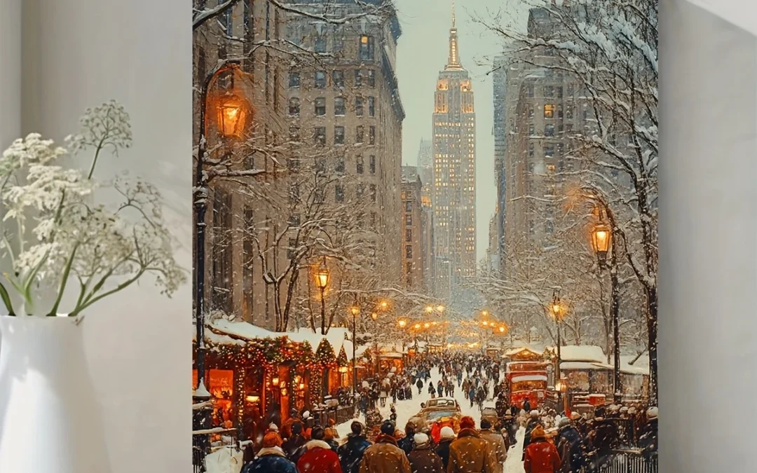 Vintage Christmas Cityscape Wall Art Canvas Framed 40×60