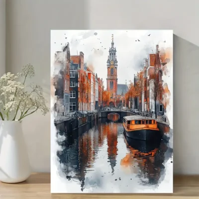 Dutch Canal Cityscape With Autumn Hues Wall Art Canvas Framed 40x60