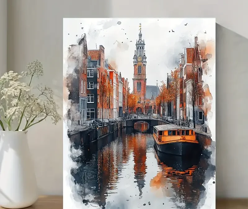 Dutch Canal Cityscape With Autumn Hues Wall Art Canvas Framed 40×60