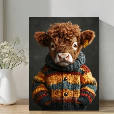 Highland Cow in Sweater  Wall Art Canvas Framed 40x60