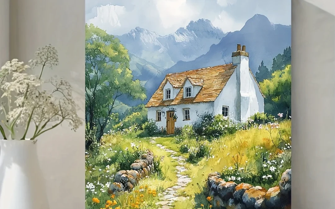 Wales Cottage Rustic Green Landscape Wall Art Canvas Framed 40×60