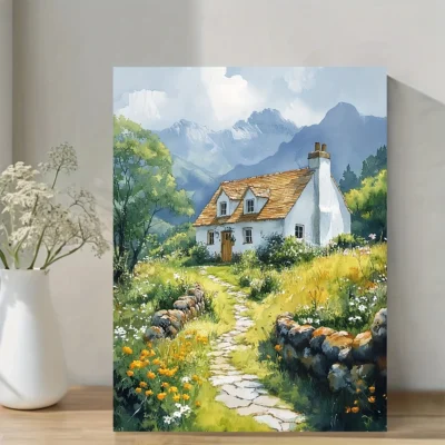Wales Cottage Rustic Green Landscape Wall Art Canvas Framed 40x60
