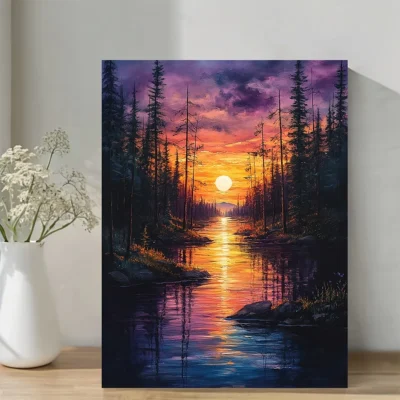 Funny Cat Driving  Abstract Forest Sunset River LandscapeWall Art Canvas Framed 40x60