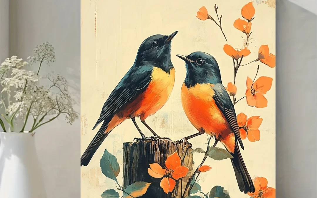 Midcentury 1960s Retro Blackbirds on Tree Stump with Orange Flowers Wall Art Canvas Framed 40×60