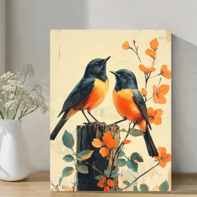 Midcentury 1960s Retro Blackbirds on Tree Stump with Orange Flowers Wall Art Canvas Framed 40x60