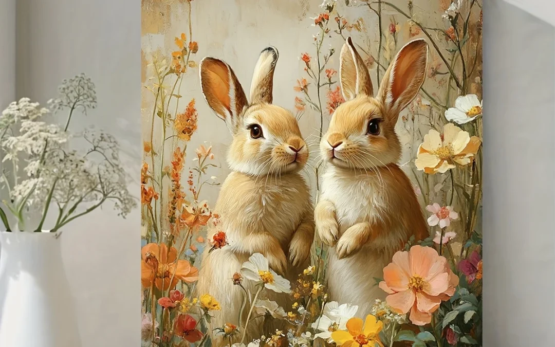 Vintage Rabbits in the Flowers Garden Wall Art Canvas Framed 40×60