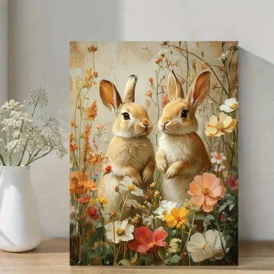 Vintage Rabbits in the Flowers Garden Wall Art Canvas Framed 40x60