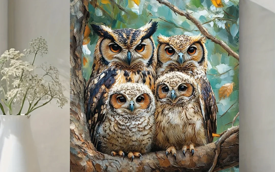Charming Owl Family Portrait Wall Art Canvas Framed 40×60