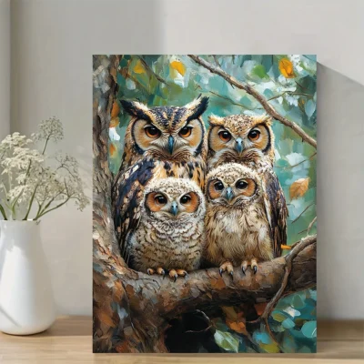 Charming Owl Family Portrait Wall Art Canvas Framed 40x60