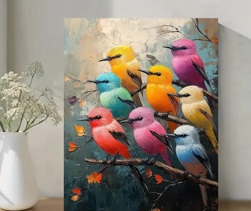 Original Colorful Birds Oil Painting Wall Art Canvas Framed 40×60