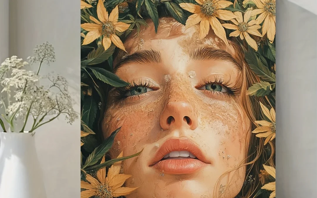 Botanical Woman Portrait with Lush Foliage & Sunflowers Wall Art Canvas Framed 40×60