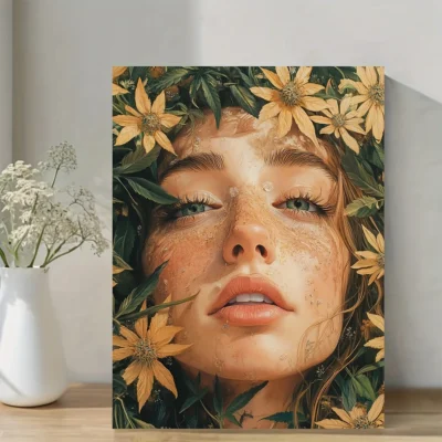 Botanical Woman Portrait with Lush Foliage & Sunflowers Wall Art Canvas Framed 40x60