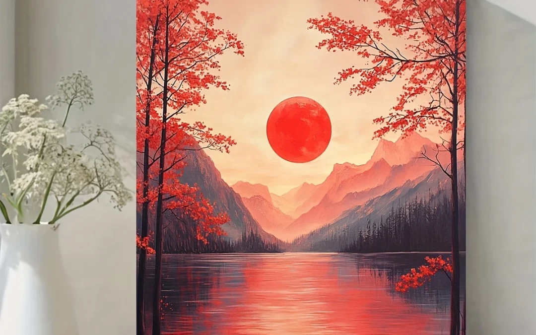 Vibrant Red Landscape with Sunset Wall Art Canvas Framed 40×60
