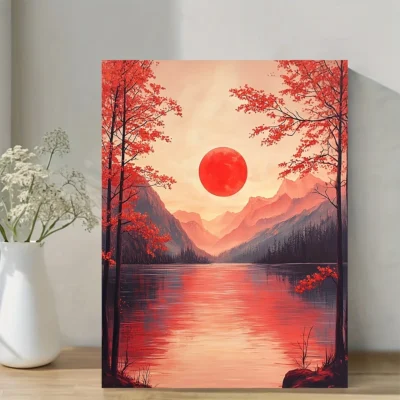 Vibrant Red Landscape with Sunset Wall Art Canvas Framed 40x60