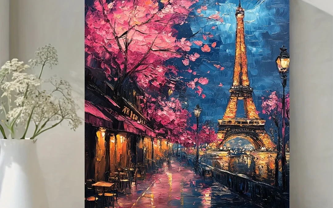 Paris Eiffel Tower & Pink Cherry Blossoms Wall Art Canvas Framed 40×60