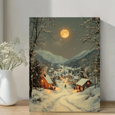 Vintage Christmas Village Wall Art Canvas Framed 40x60