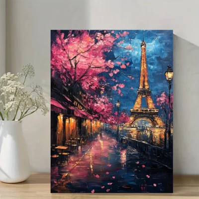 Paris Eiffel Tower & Pink Cherry Blossoms Wall Art Canvas Framed 40x60