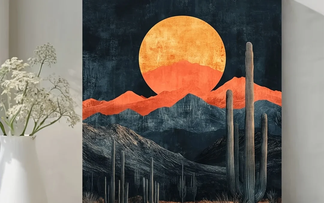 Sun Moon Landscape with Vibrant Orange & Red HuesWall Art Canvas Framed 40×60