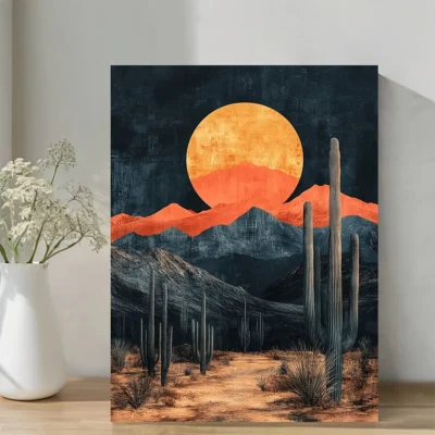 Sun Moon Landscape with Vibrant Orange & Red HuesWall Art Canvas Framed 40x60