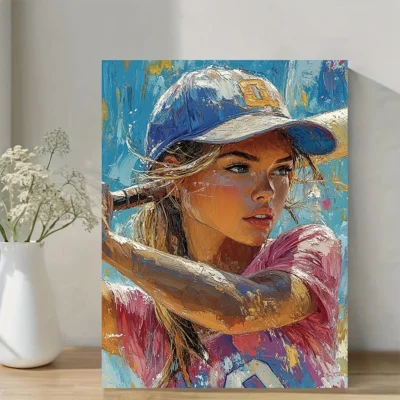 Vibrant Softball Player Wall Art Canvas Framed 40x60