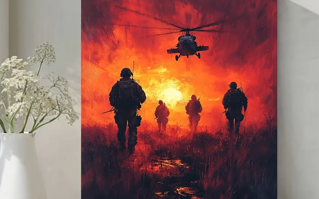 Black Helicopter Insertion at Sunset Wall Art Canvas Framed 40×60