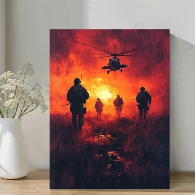 Black Helicopter Insertion at Sunset Wall Art Canvas Framed 40x60