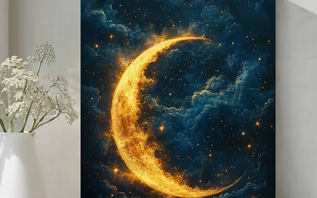 Mystical Golden Crescent Moon Wall Art Canvas Framed 40×60