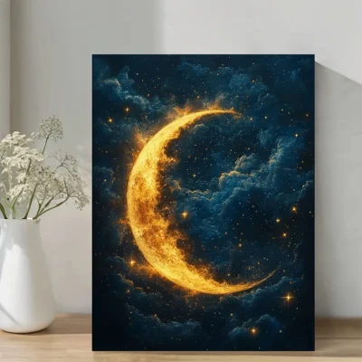 Mystical Golden Crescent Moon Wall Art Canvas Framed 40x60