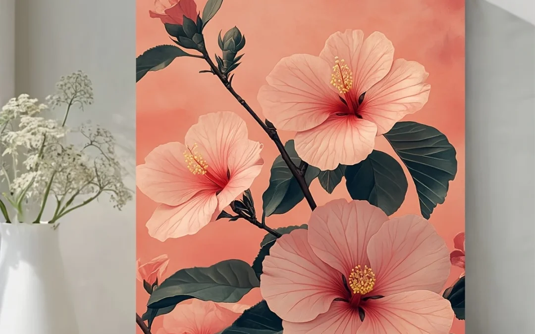 Pink Hibiscus Flowers On Branch Wall Art Canvas Framed 40×60