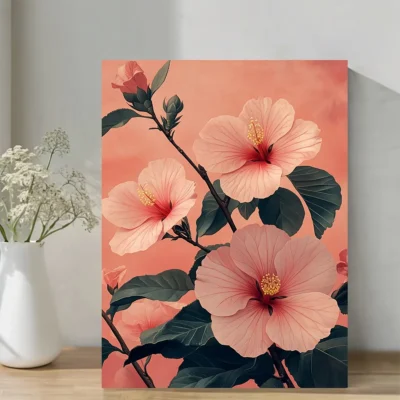 Pink Hibiscus Flowers On Branch  Wall Art Canvas Framed 40x60