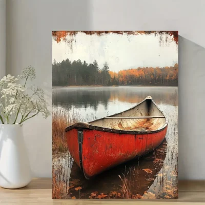 Red Boat With Tranquil Lake House  Wall Art Canvas Framed 40x60