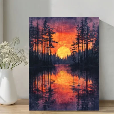 Lake Sunset Vertical Forest with Tree Wall Art Canvas Framed 40x60