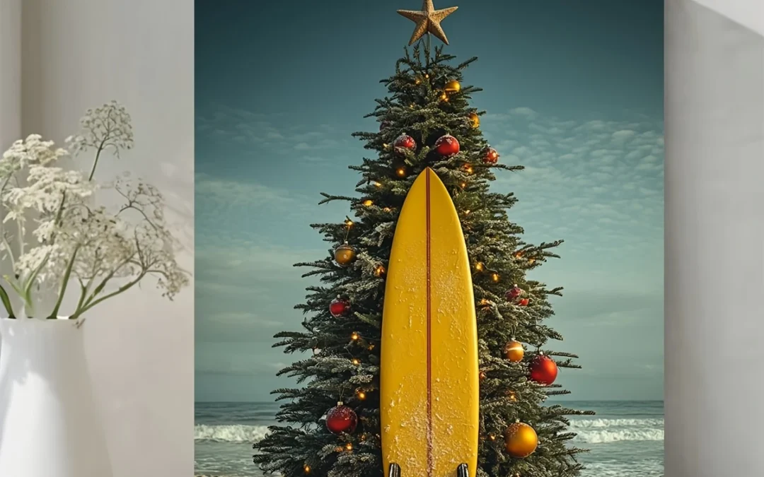 Surfboard Christmas Tree Beach Wall Art Canvas Framed 40×60