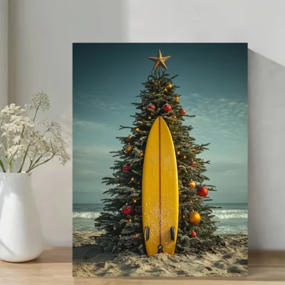 Surfboard Christmas Tree Beach Wall Art Canvas Framed 40x60