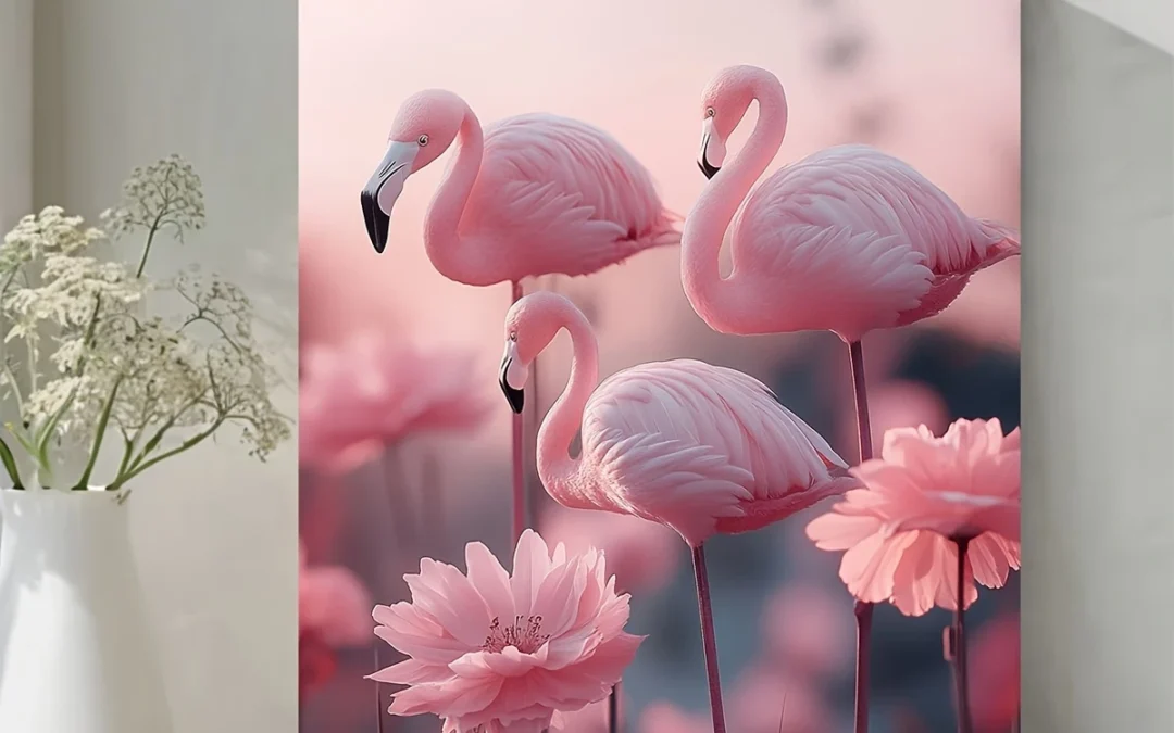 Flamingo & Pink Flowers Wall Art Canvas Framed 40×60