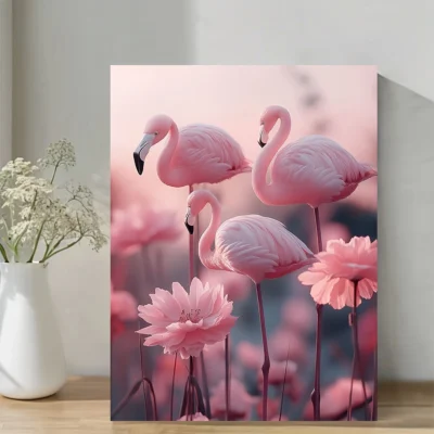 Flamingo & Pink Flowers  Wall Art Canvas Framed 40x60
