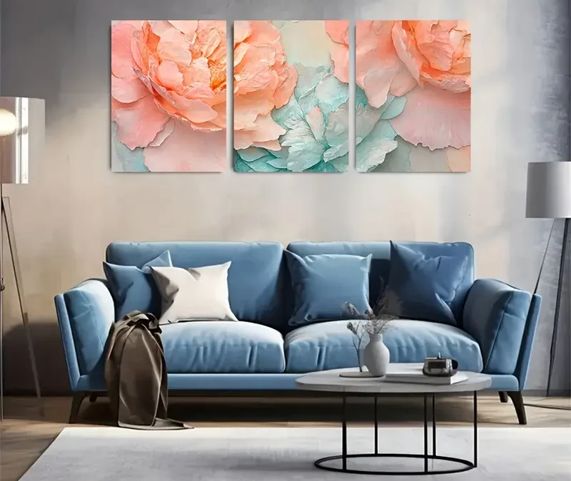 3pcs Summer Peony Petals in Peach & Aqua Wall Art Set Canvas Framed 40x60cm – High Quality Print 100% Australian Made Wall Canvas Ready to Hang