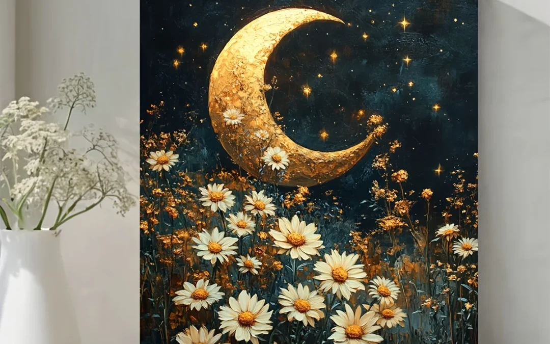 Celestial Moon & Daisies  Wall Art Canvas Framed 40×60