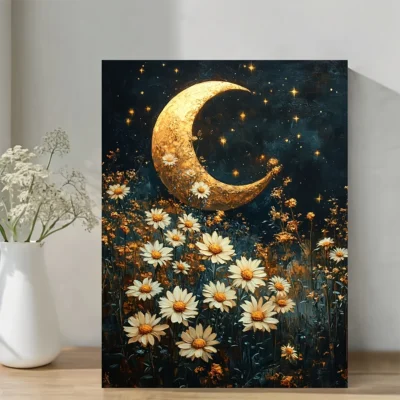 Celestial Moon & Daisies  Wall Art Canvas Framed 40x60