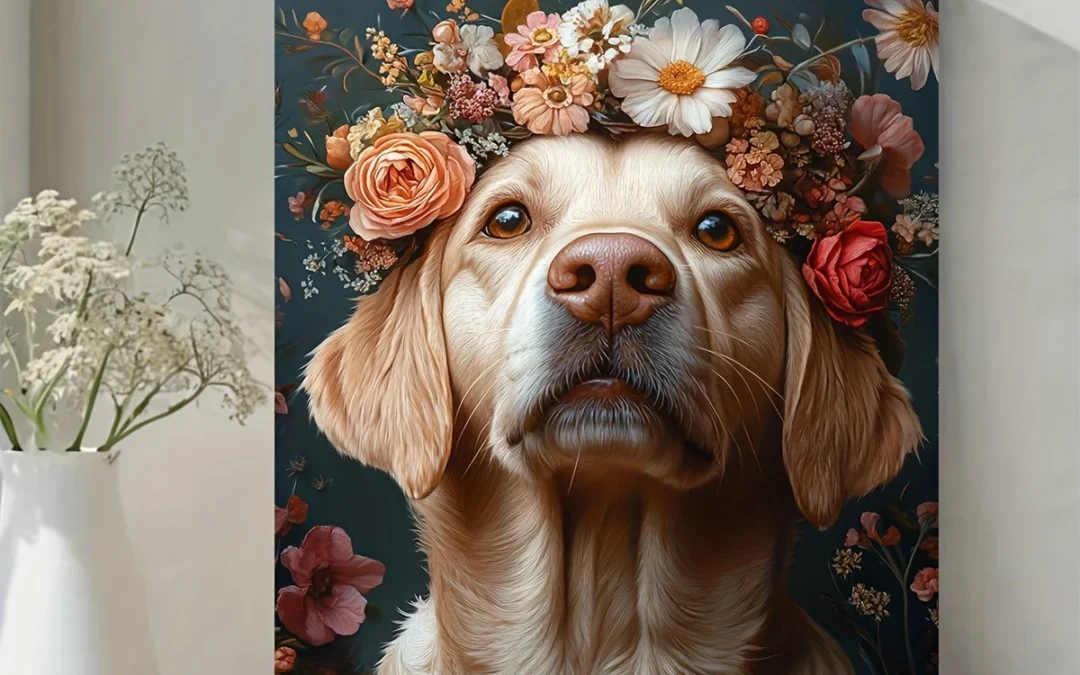 Golden Retriever with Floral Crown Wall Art Canvas Framed 40×60