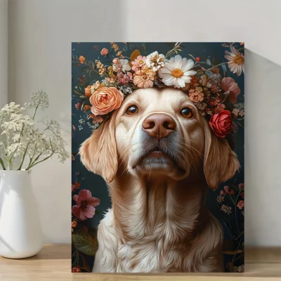 Golden Retriever with Floral Crown Wall Art Canvas Framed 40x60