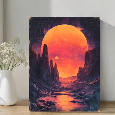 Retro Synthwave Desert Landscape Wall Art Canvas Framed 40x60