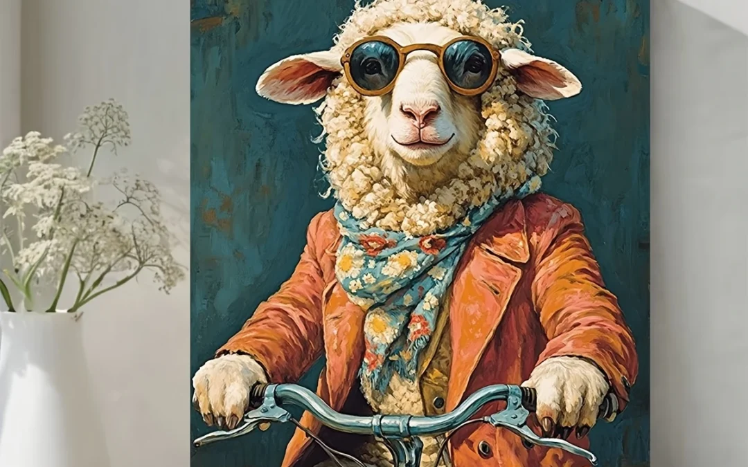 Funny Sheep Riding Bicycle Wall Art Canvas Framed 40×60