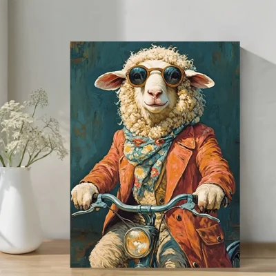 Funny Sheep Riding Bicycle  Wall Art Canvas Framed 40x60